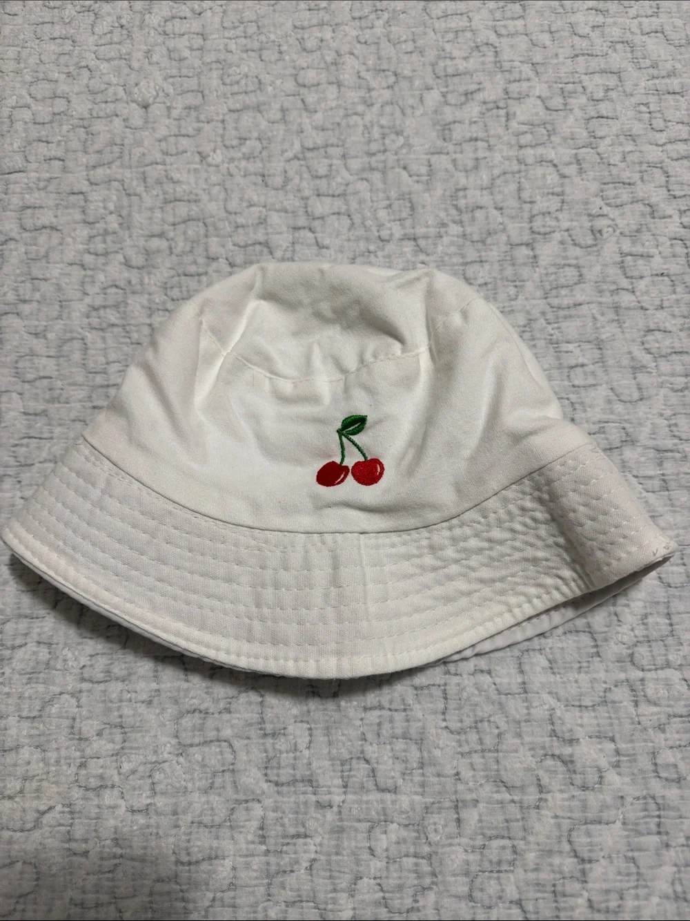 White Kids Cherry Embroidered Bucket Hat